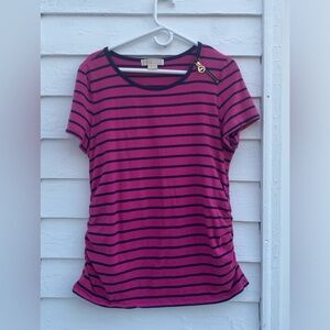 Michael Kors Fuchsia and Black Striped Tee with Gold Zipper Detail